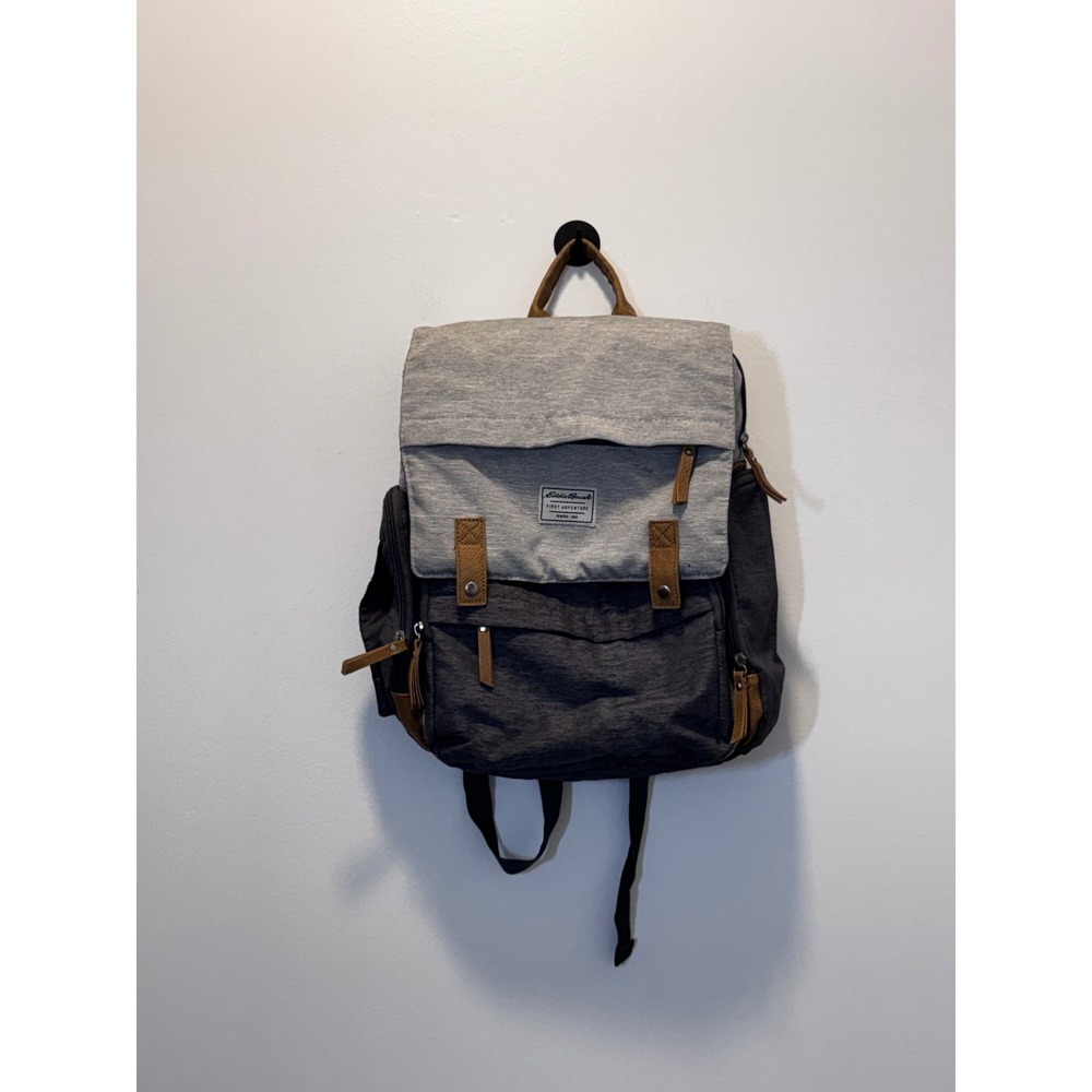 Eddie Bauer First Adventure Diaper Bag Backpack Grey Heather Brown Trim